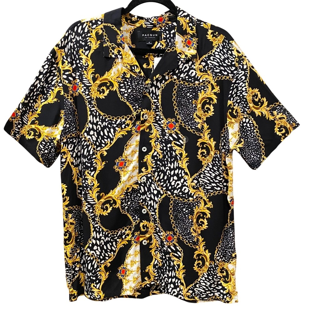 PACSUN Short Sleeve Button-Up Shirt M NEW Black Camp Baroque Chain Streetwear